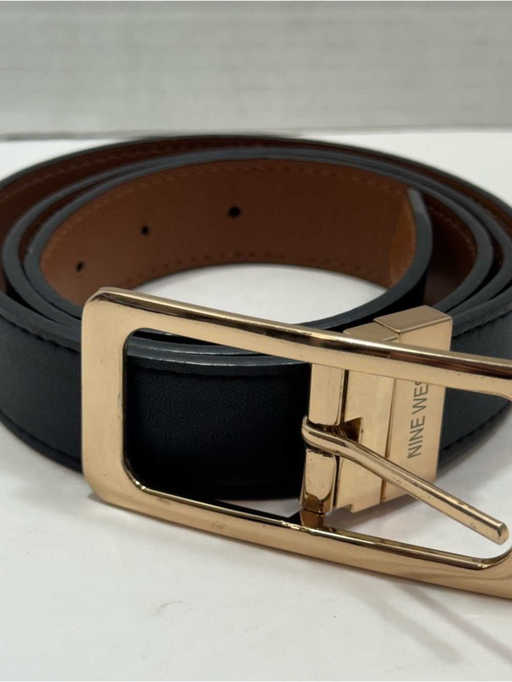 Nine West Reversible Women’s Belt Goldtone Hardware, Black/Tan, 41” (L) x 1” (W)